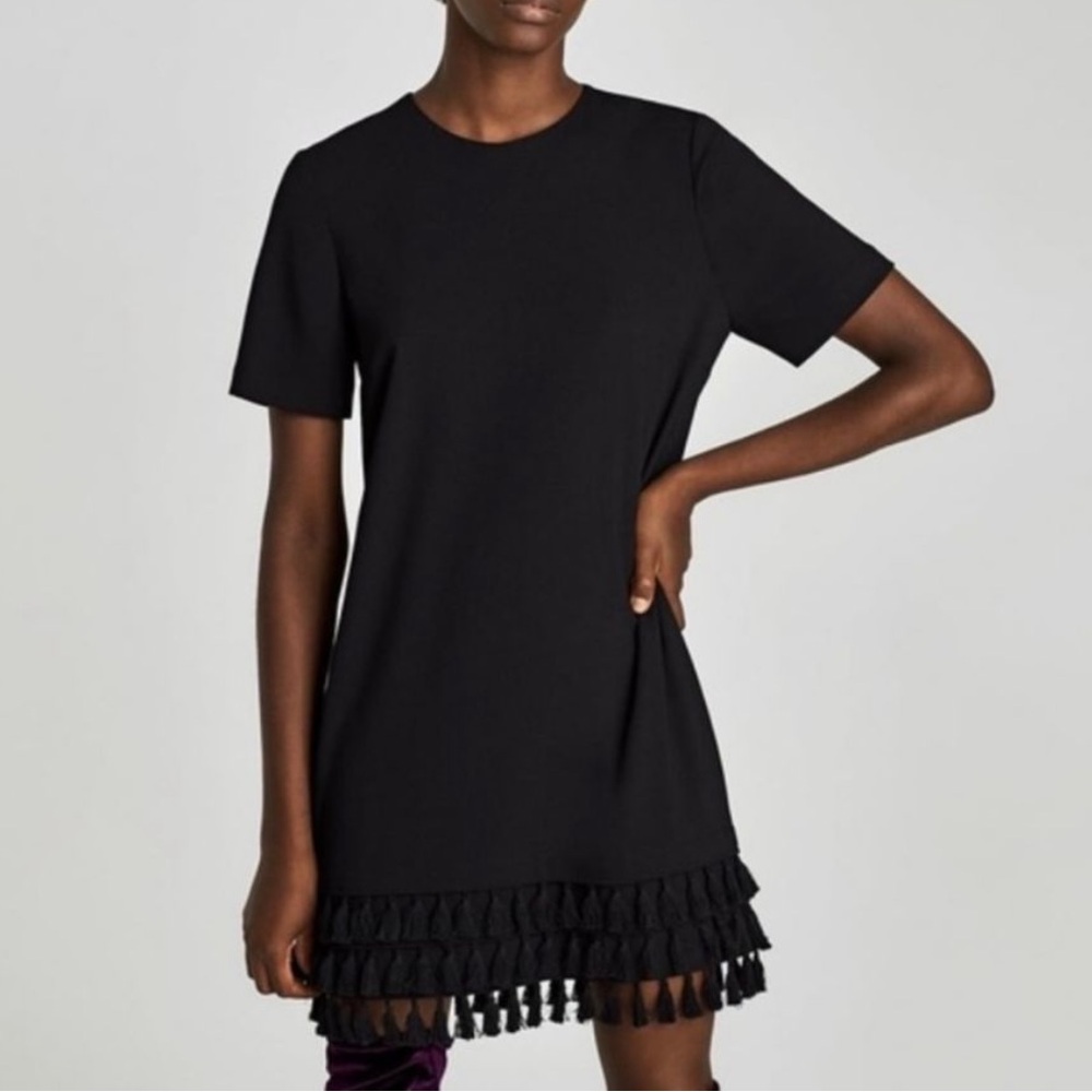 Zara - Black Mini Shift Dress with Fringe Detail - Size Small